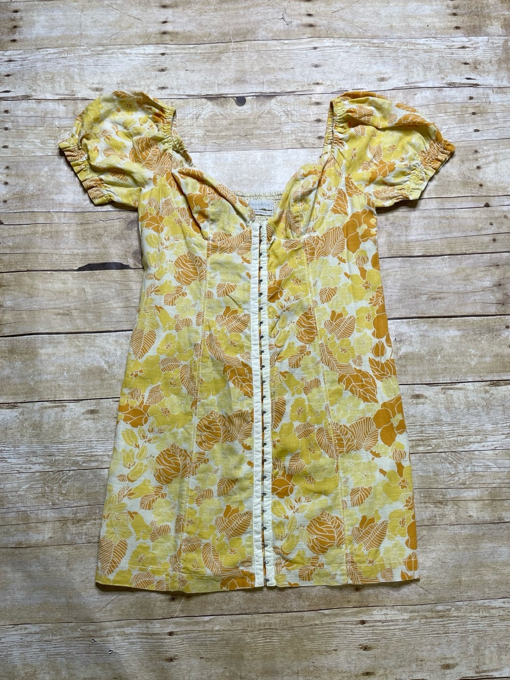 Urban Outfitters Britney Yellow Floral Mini Dress Hook Front Retro Bohemian
